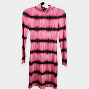 Alice + Olivia Delora Dress Womens 2 Pink Tie Dye Long Sleeve Mock Neck Mini Fit